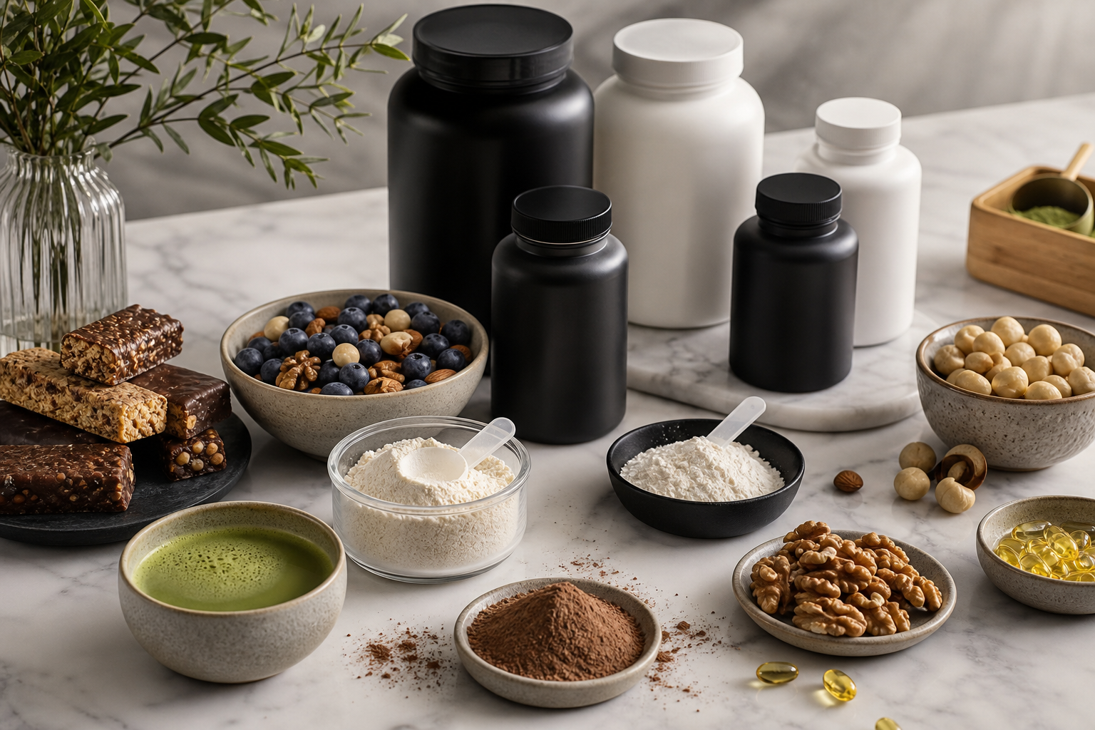 Premium longevity nutrition packaging with matcha, cocoa, nuts, berries, omega capsules, and whole-food ingredients