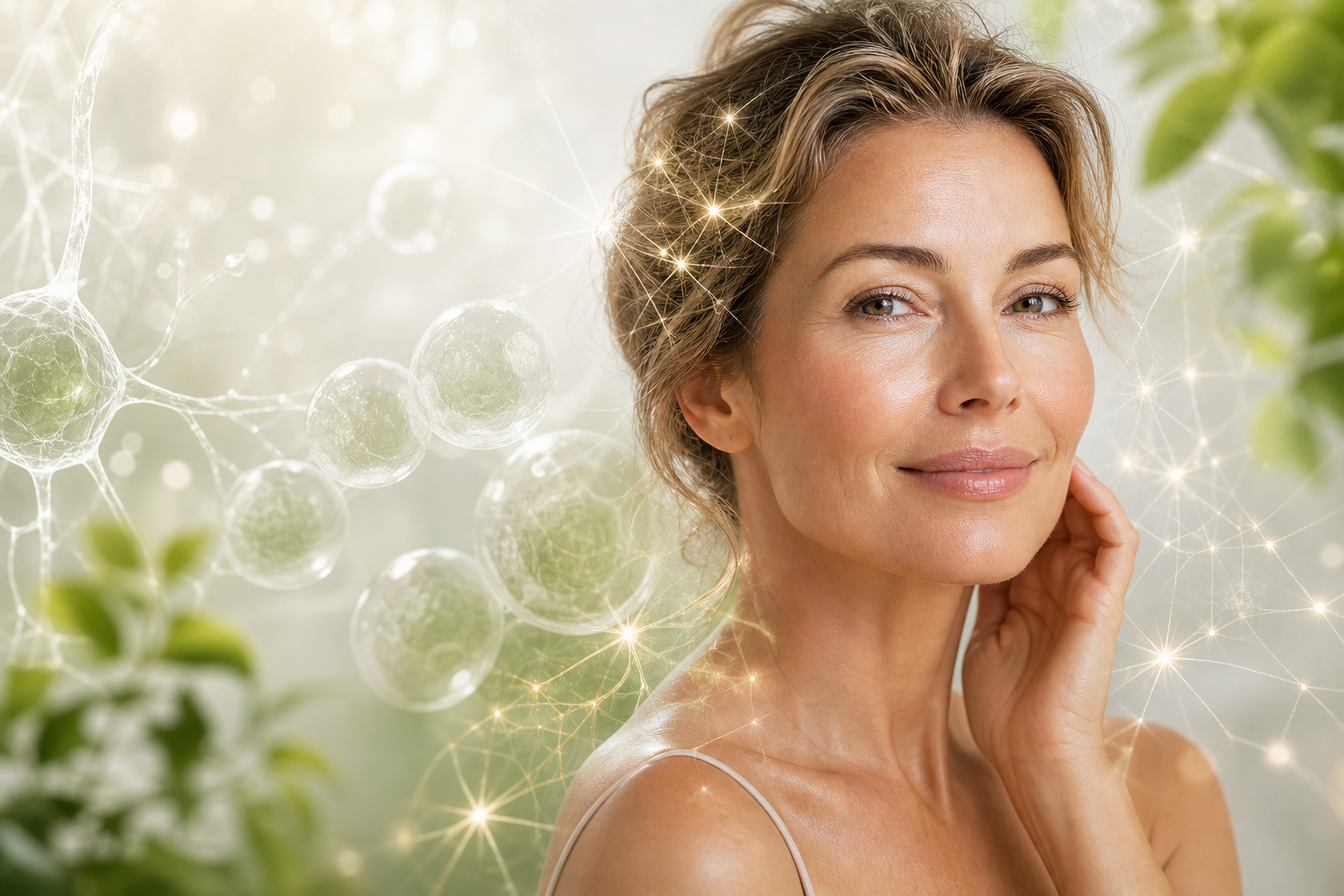 Radiant female wellness image representing cellular recovery and youthful aging support