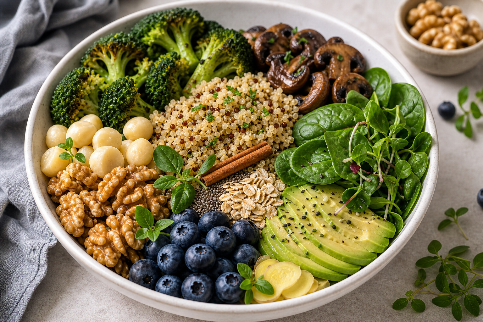 Balanced daily longevity meal with quinoa, greens, berries, walnuts, mushrooms, herbs, and whole foods