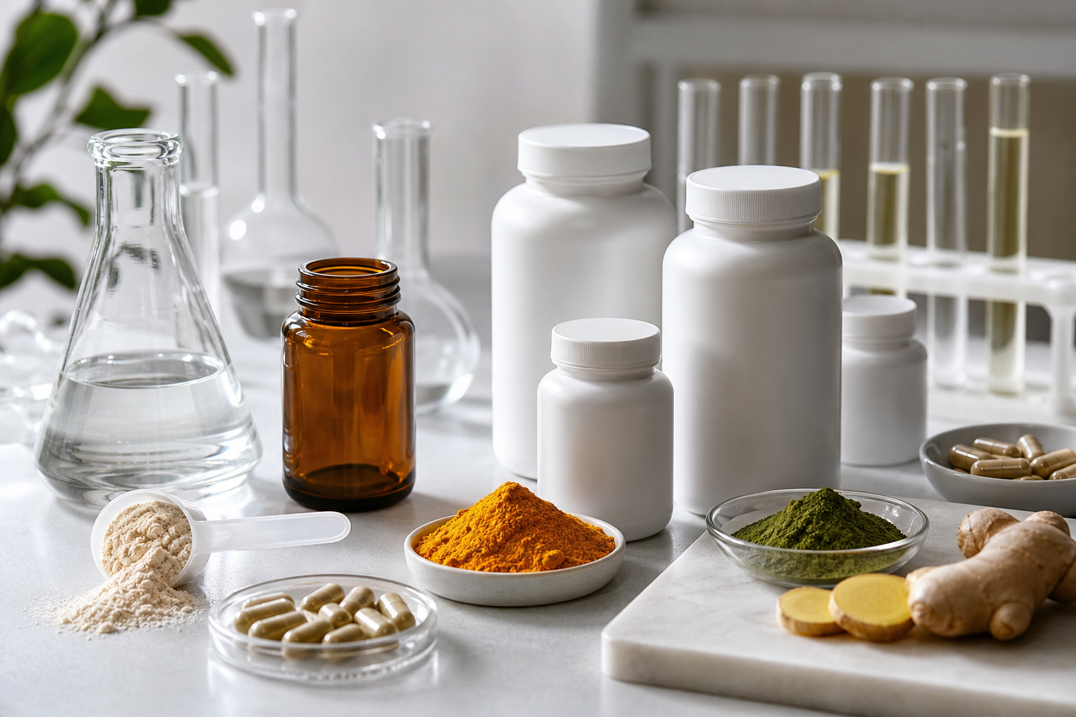 Natural science formulation table with botanicals, powders, capsules, and lab glassware