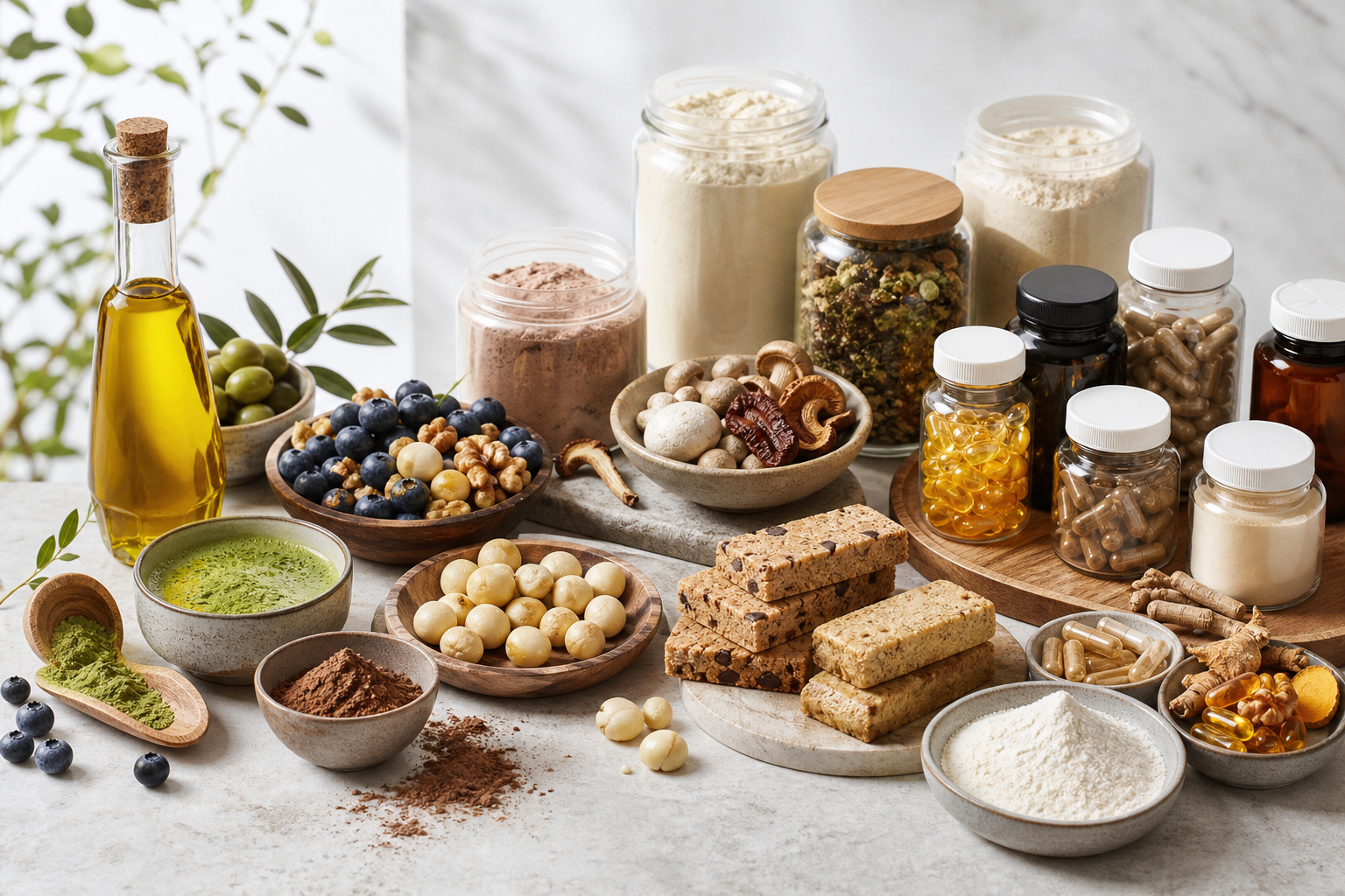 Healthy longevity nutrition collection with olive oil, proteins, nuts, matcha, cocoa, herbs, and supplements