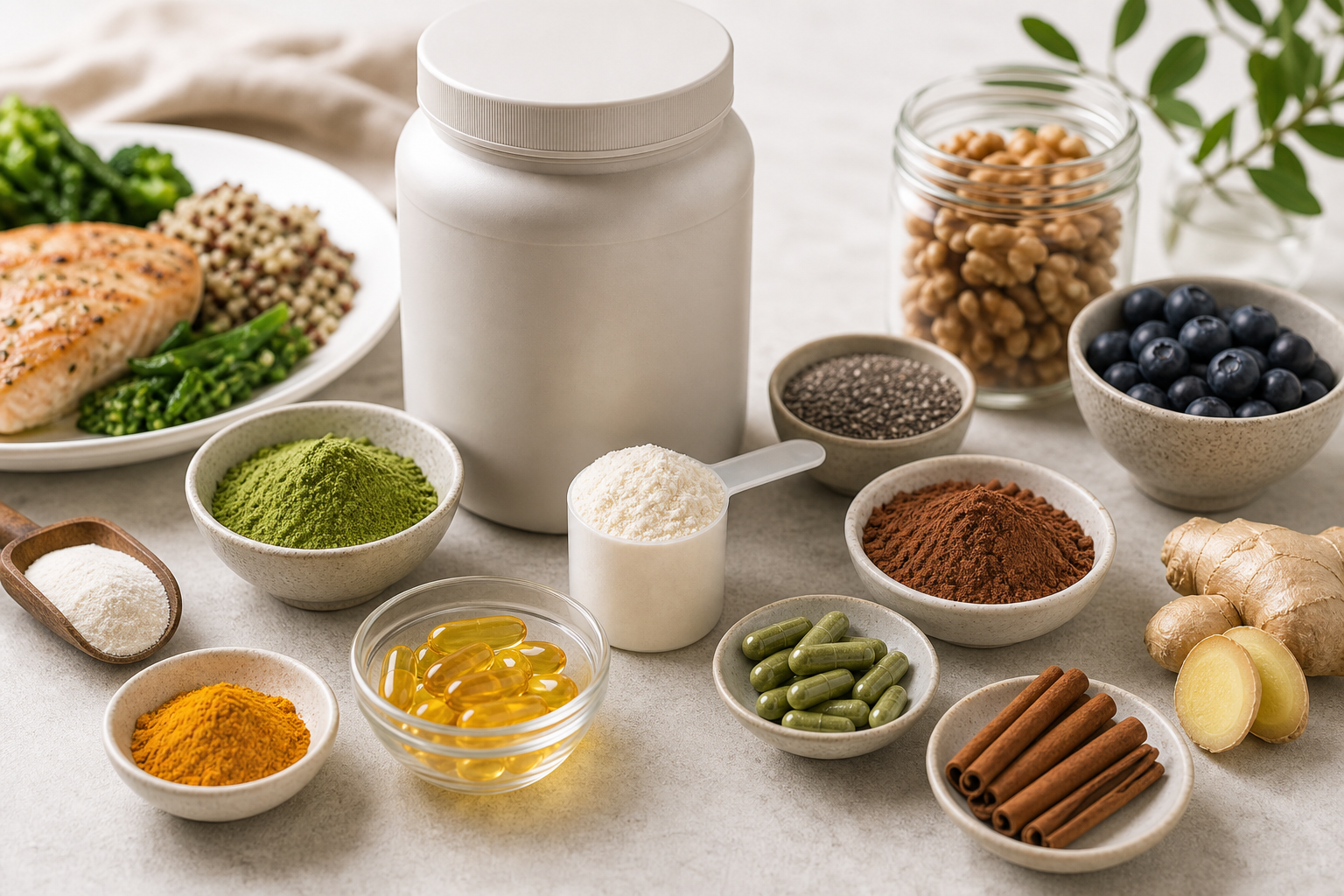 Metabolic balance food supplements and nutrition boosters beside a healthy meal