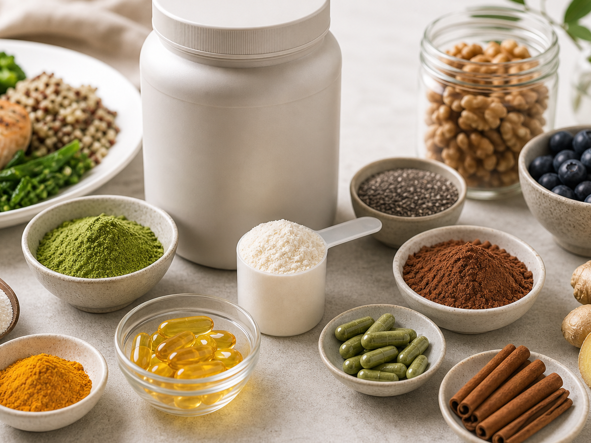 Longevity metabolic wellness products with protein, cacao, herbs, omega capsules, nuts, and daily nutrition boosters